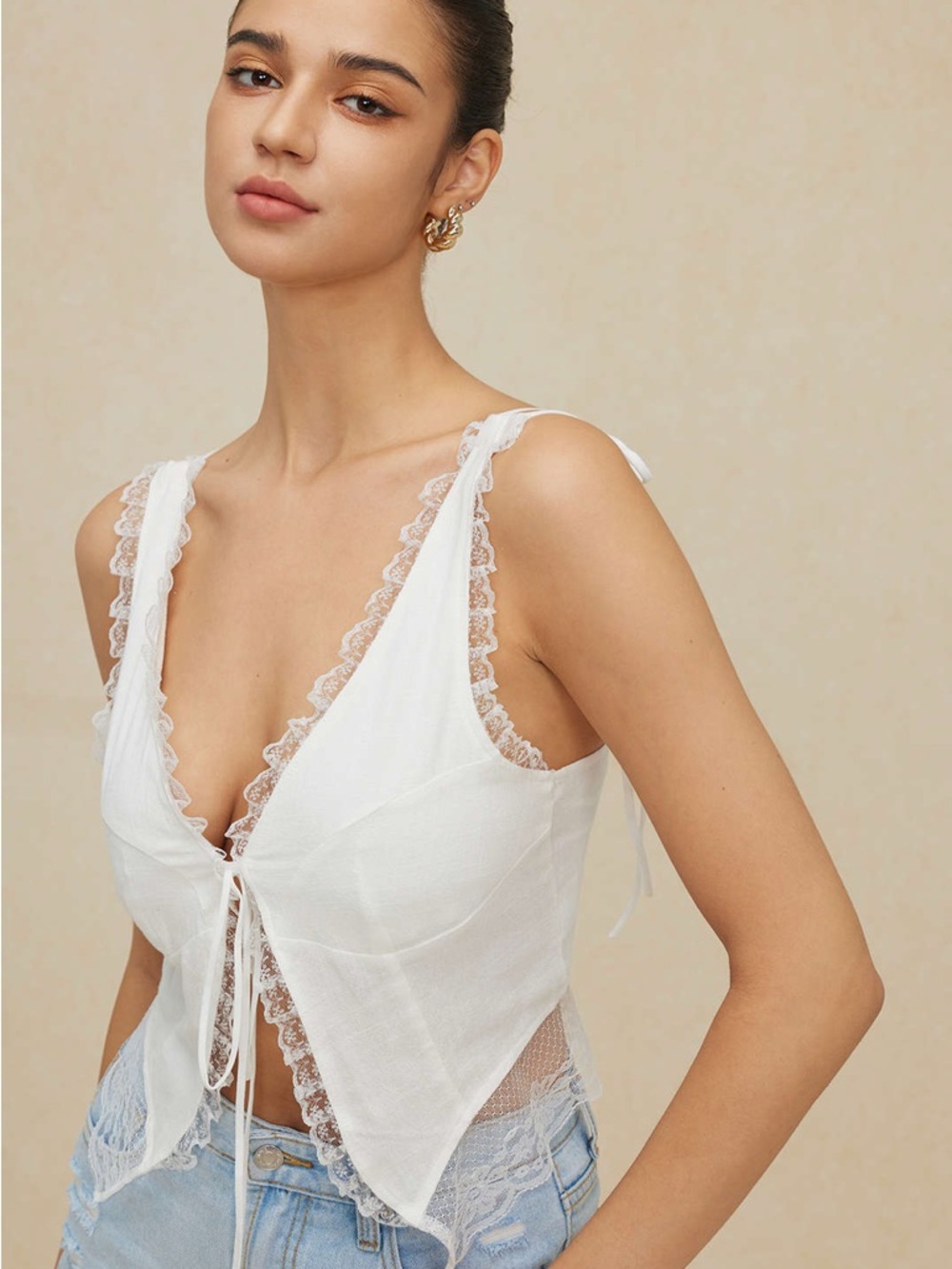 Micas White Lace Tie Front Summer Lightweight Tank Top New